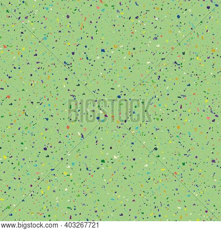 Vector Dense Terrazzo Pattern Seamless Background. Green Backdrop Of Multicolor Coarse Grained Stone