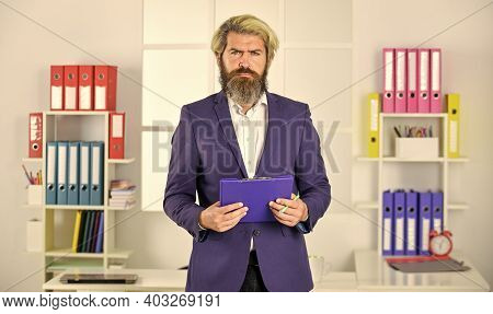 You Can Trust Me. Successful Crisis Manager Make Notes In Documents. Businessman Hold Office Folder.