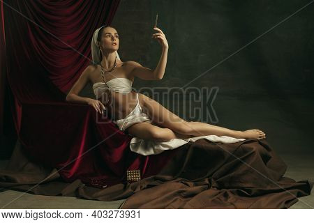 Fever. Modern Remake Of Classical Artwork With Coronavirus Theme - Young Medieval Woman On Dark Back