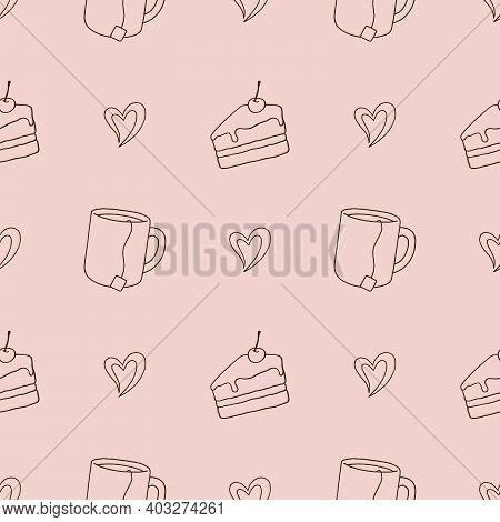 Cake With Cherry, Tea Cup And Heart Seamless Pattern On Pink Background. Linear Drawing, Vector.