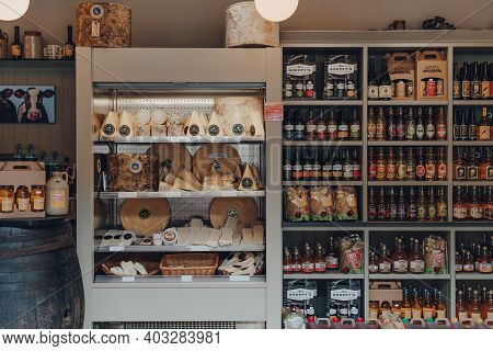Cheddar, Uk - July 26, 2020: Local Cheese An Products Inside The Original Cheddar Cheese Co Shop In 