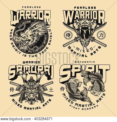 Fight Academy Vintage Emblems With Samurai Mask Katanas Koi Carps Snake And Fantasy Dragon Heads Iso