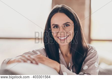 Portrait Of Pretty Optimistic Girl Wear Spectacles Pijama At Home