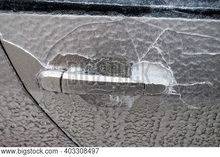 Frozen Car Door Closeup, Icicles, Ice Crystals, Jammed Lock.