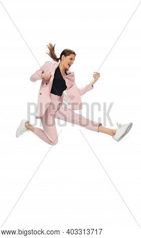 Popstar. Happy Young Woman Dancing In Casual Clothes Or Suit, Remaking Legendary Moves And Dances Of