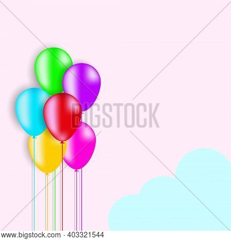 Vector Illustration Of Colorful Balloons On Pink Background And Cloud For Birthday Greeting Card