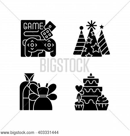 Friends And Family Gathering Party Black Glyph Icons Set On White Space. Game Night With Videogames,