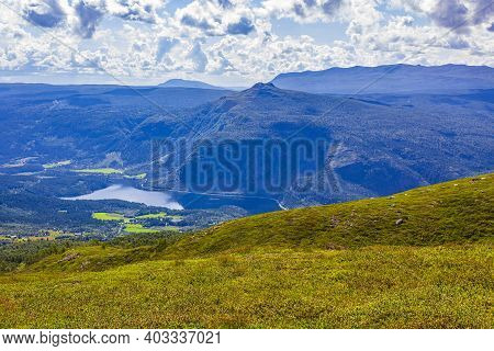 Mountain Landscape Panorama And Lake Vangsmjøse In Vang Norway.