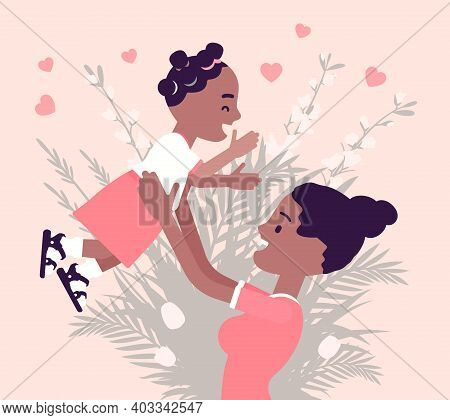 Mom, Baby Daughter, Female Health In Happy Black Family. Mother Tossing Child, Emotional Bonds, Love