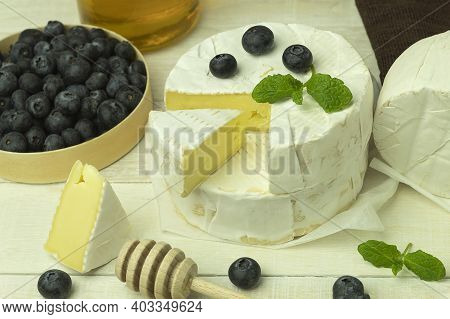 Camamber Cheese Is A Type Of Soft, Fatty Cheese Made From Cow's Milk. Food Banner For Text Or Design