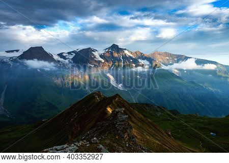 Amazing sunrise on the top of Grossglockner pass, Swiss Alps, Switzerland, Europe. Landscape photography