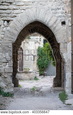 Old Buildings And Narrow Streets In Medieval Town Villeneuve Les Avignon In Summer, Tourism In Franc