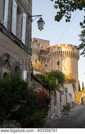 Old Buildings And Narrow Streets In Medieval Town Villeneuve Les Avignon In Summer, Tourism In Franc