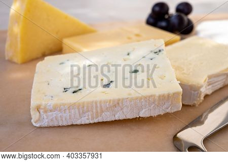 French Cheese Collection On Marble Board, Emmental, Carre De Aurillac, Petit Cantal Aop Jeune, Buche