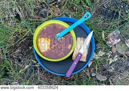 Lunch In Nature. Outdoor Cooking. Borsch With Sour Cream. Top.