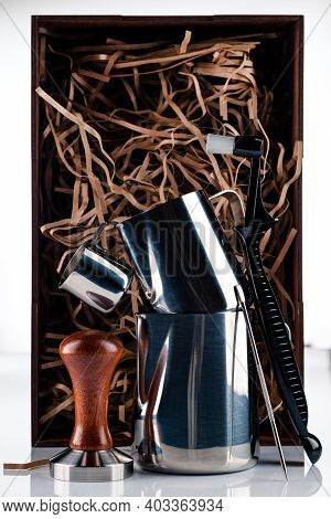 Set Pub Accessories With Cocktail Shaker Set Of Bar Accessories. Shaker, Jigger, Glass, Spoon And Ot