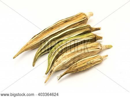 Five Matured And Dried Okra Pod For Saving Seeds Studio Shot Isolated On White Background