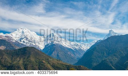 View Of Annapurna Range Includes Annapurna South (left) - Himchuli (centre) And Machapuchare (far Ri