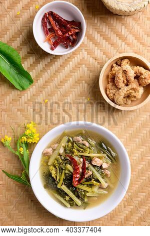 Northern Thai Food (pak Kad Jor), Sour Soup Thai Flowering Bok Choy With Pork Eating With Dry Chili,
