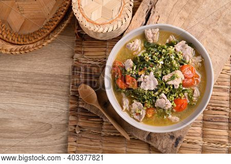 Northern Thai Food (kaeng Puk Plung), Ceylon Spinach Or Malabar Spinach Soup With Pork In A Bowl
