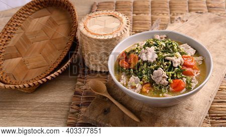 Northern Thai Food (kaeng Puk Plung), Ceylon Spinach Or Malabar Spinach Soup With Pork In A Bowl