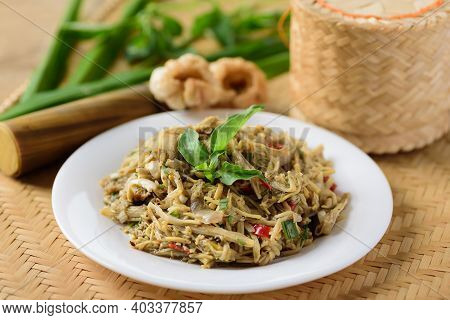 Northern Thai Food (yum Nor Mai), Spicy Bamboo Shoot Salad With Crab Paste Eating With Pork Rind, Gi