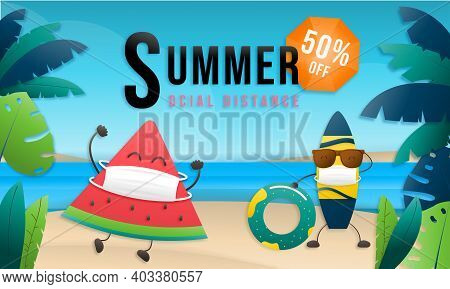 Summer Sale Online Social Distance Design With Tropical Beach Colorful Background Layout Banners. Wa