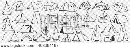 Various Camping Tents Doodle Set. Collection Of Hand Drawn Camping Temporary House Tents For Traveli