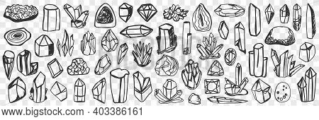 Various Natural Crystals Doodle Set. Collection Of Hand Drawn Crystals With Natural Shine Of Differe