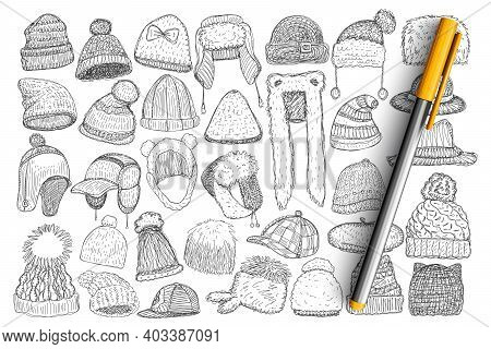 Various Winter Caps And Hats Doodle Set. Collection Of Hand Drawn Stylish Caps Hats With Fur For Wea