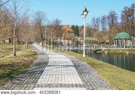 Fragment of the Feofaniya park in Kiev. Nice picturesque lake and well-groomed landscape.
