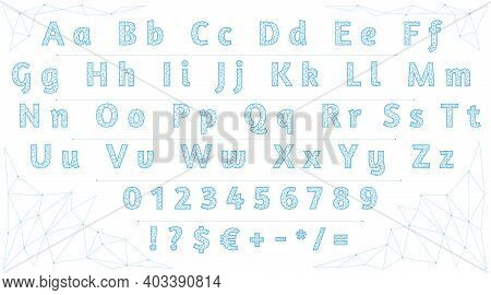 Polygonal Font. Low Poly Letters, Numbers And Signs. Alphabet Created With Lines And Dots. Alphabet 