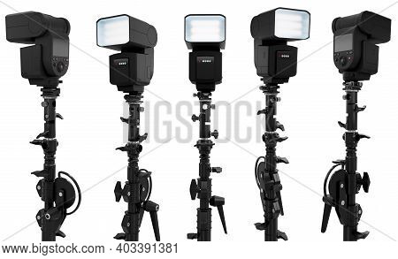 Camera External Flash Speedlight On Stand Isolated On White Background. 3d Rendering And Illustratio