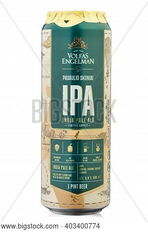 Kyiv, Ukraine - December 21, 2020: Aluminium Can Beer Volfas Engelman Ipa Cherry Produced Lithuanian