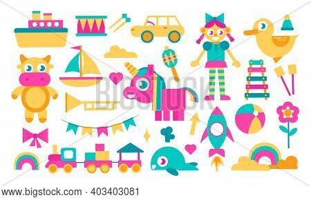 Doll, Cow, Unicorn, Transport And So On. Bright Cartoon Set Of Kids Toys Isolated On White. Collecti