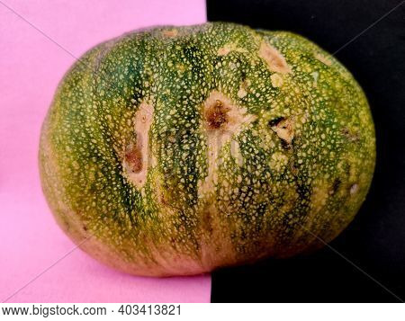 Green Color Outer Skin Of Small Pumpkin. Isolated On Pink And Black Background