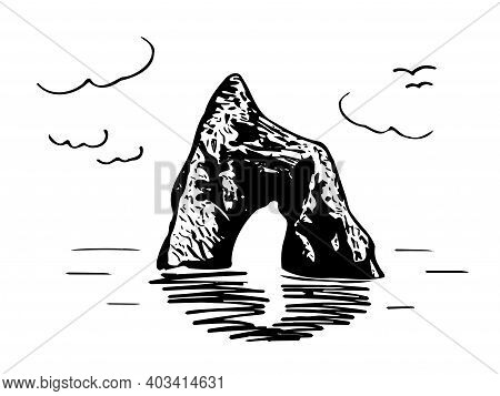 Sketch Of A Rock In The Sea With Clouds And Seagulls, Vector Illustration