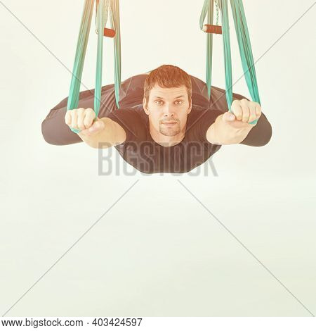 Male Person Do Hammock Yoga Class Exercise. Meditation In Air Calm. Aero Beginner Studio Workout. Ma