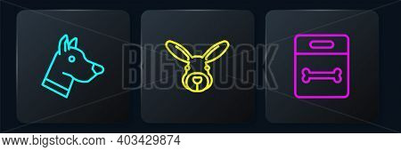 Set Line Dog Head, Bone And Rabbit. Black Square Button. Vector