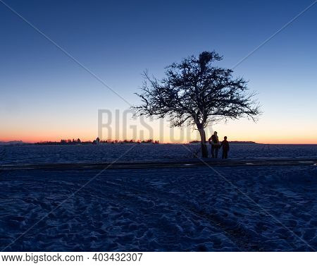 A Little Walk At Winter Into The Snow With Mother And Child