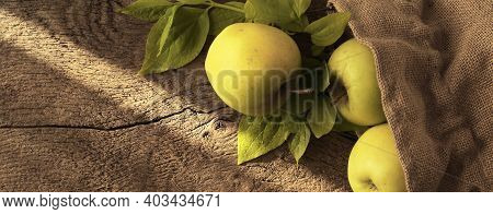 Rustic Autumn Kitchen, Green Yeallow Apples, Morning Light On Old Wooden Background