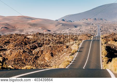Timanfaya, Lanzarote. Volcanic Landscape, Canary Islands. High Quality Photo With Scenic Road And La