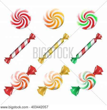 Vector Illustration Eps10. Sweets And Candies Icons Set In Modern Flat Style For Confectionery Or Ca