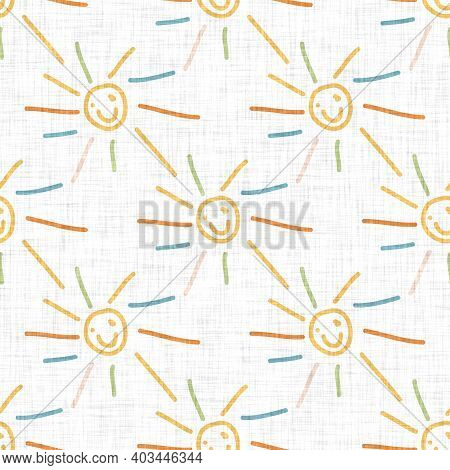 Cute Rainbow Sun Scribble Doodle Background. Hand Drawn Whimsical Motif Seamless Pattern. Naive Simp