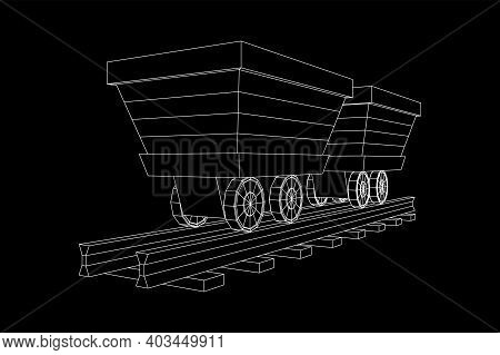 Trolley Mine On Rails. Wireframe Low Poly Mesh Vector Illustration.