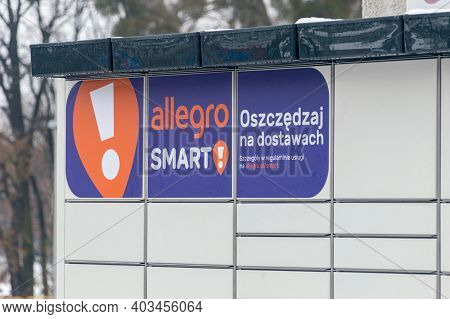 Pruszcz Gdanski, Poland - January 6, 2021: Allegro Smart Logo And Sign On Inpost Paczkomat Parcel Lo