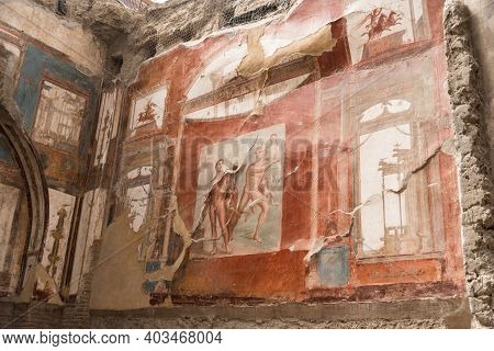 Paintings At The Roman Archaeological Site Of Herculaneum, Italy.