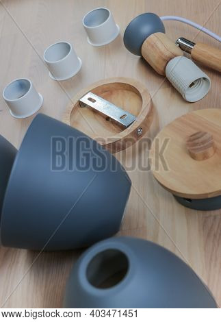 Assembling Furniture At Home. Self-assembly Of The Chandelier. Details Of The Luster Laid Out On The