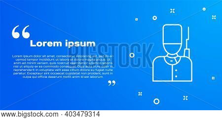 White Line British Guardsman With Bearskin Hat Marching Icon Isolated On Blue Background. Vector