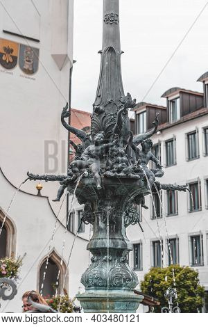 Kempten, Germany - Aug 3, 2020: Fountain In Front Of Town Hall In Summer